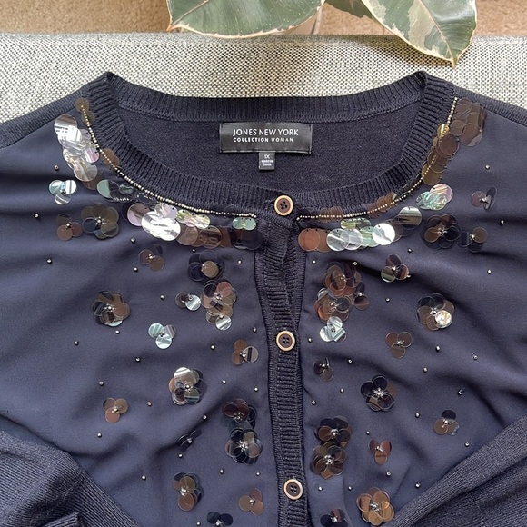 Vintage Floral Paillettes Sequin Cardigan, Size: 1X circa 2008 - Picture 3 of 17